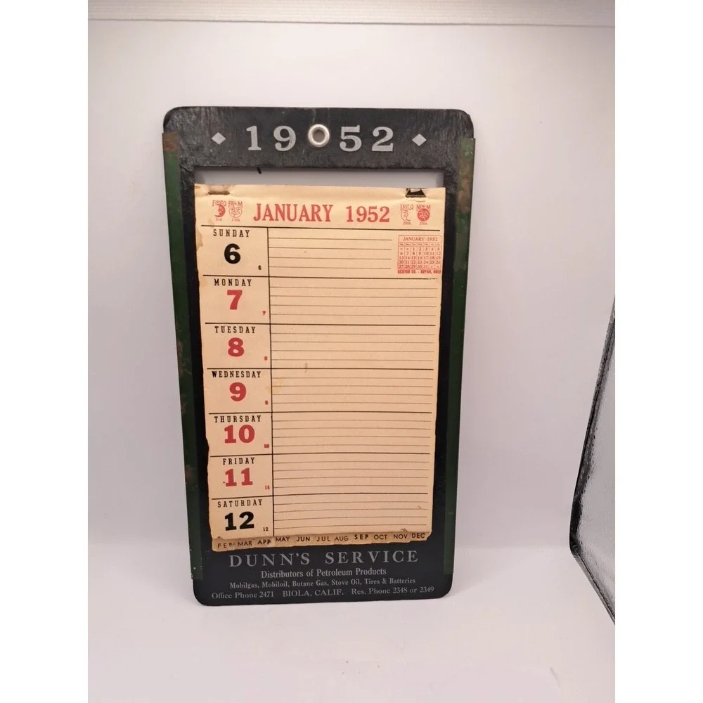 Vintage 1952 Dunna Service Petroleum Products Calender Biola CALIF Advertising